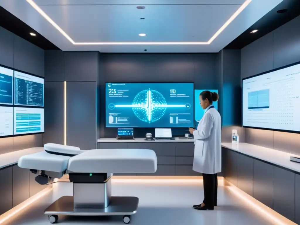 Imagen detallada de sala médica futurista con tecnología de diagnóstico IA