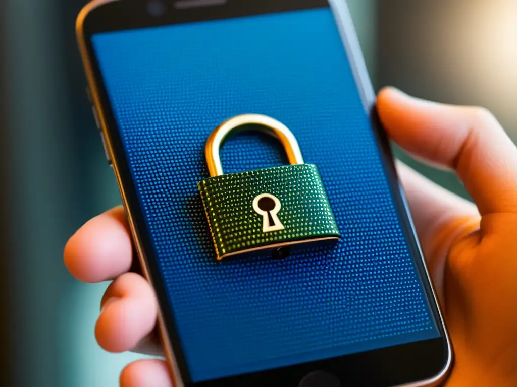 Imagen detallada de un smartphone moderno con un candado digital en la pantalla, simbolizando la seguridad de datos