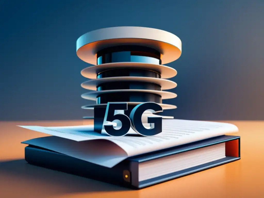 Una imagen detallada de una torre 5G rodeada de documentos legales, simbolizando las obligaciones legales de operadoras en tecnología 5G