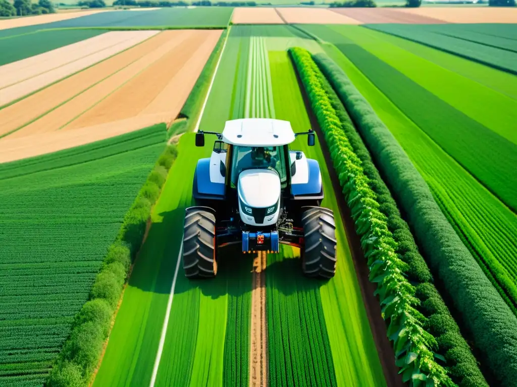 Imagen detallada de un tractor autónomo de última generación integrando tecnología 5G en maquinaria agrícola, en un campo verde exuberante