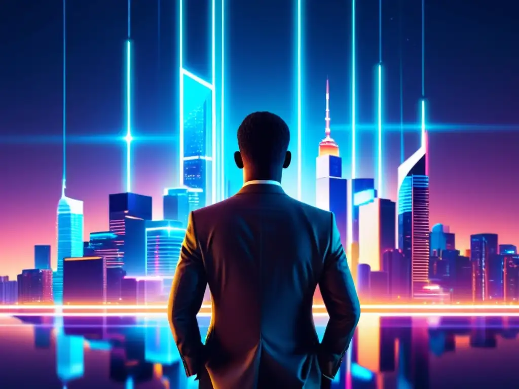 Horizonte tecnológico: influencia digital en la transformación empresarial Imagen digital de una ciudad futurista con rascacielos brillantes y luces de neón representando conexiones digitales