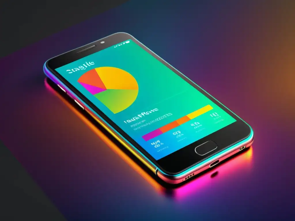 Imagen de ilustración digital minimalista de un smartphone con visualización dinámica de datos de marketing en tiempo real para móviles