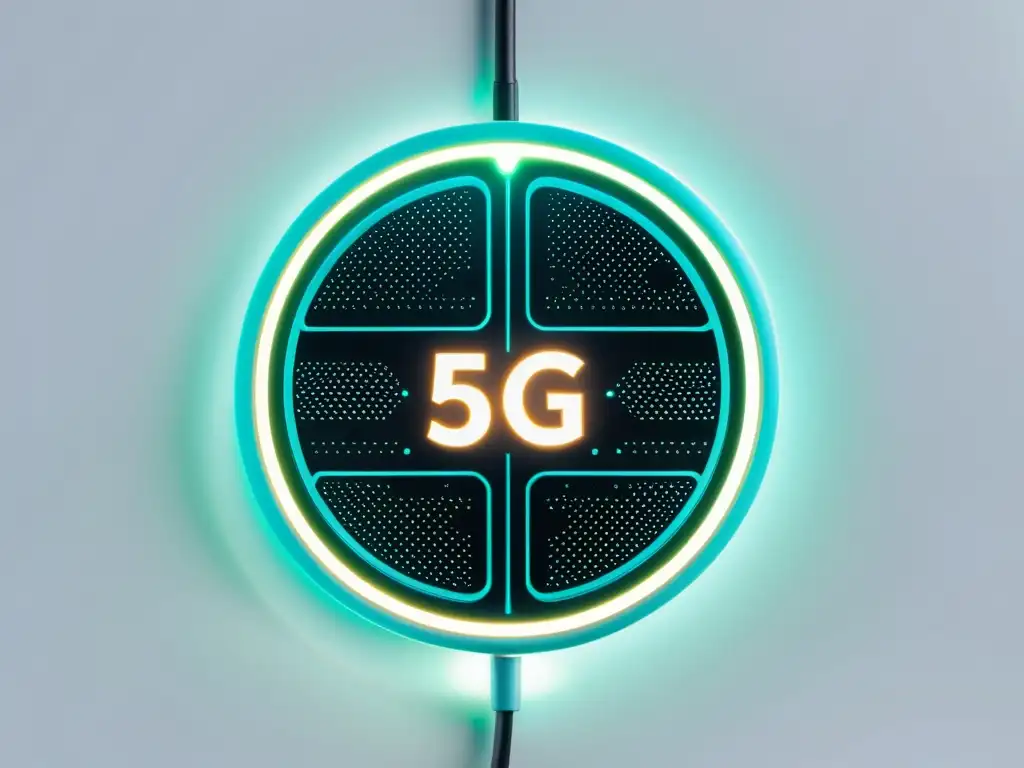 Imagen de dispositivo médico inteligente conectado a red 5G, con circuitos detallados y diseño futurista en fondo blanco