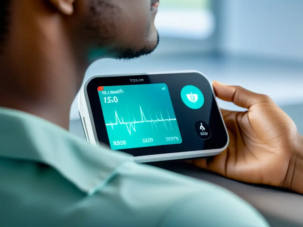 Dispositivo de monitoreo telehealth de alta tecnología Imagen de dispositivo de monitorización remota de pacientes con IA en entorno clínico blanco, evocando sofisticación e innovación en salud tecnológica