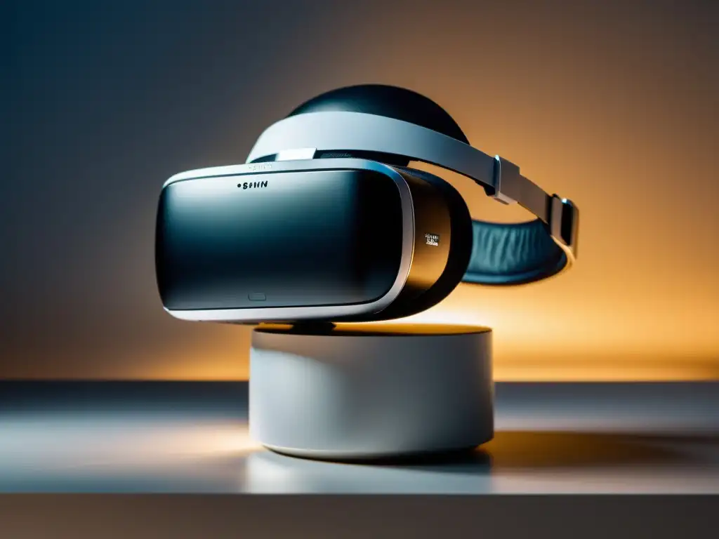 Una imagen elegante de un moderno auricular de realidad virtual, con iluminación suave y difuminada que realza su diseño futurista