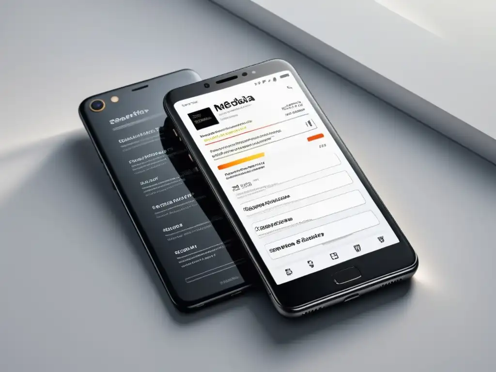 Imagen elegante de smartphone con metadatos organizados, optimización de ecommerce tecnológico en pantalla