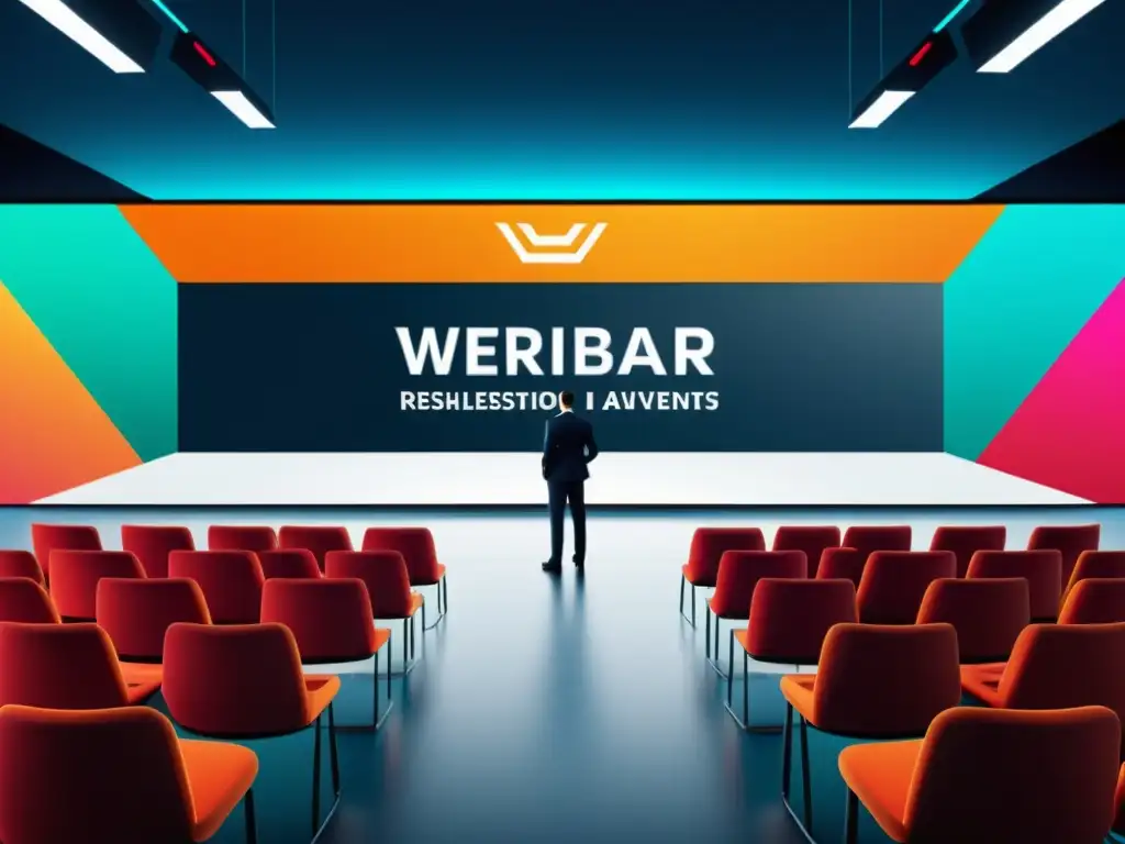 Imagen de evento virtual con interfaz moderna, gráficos vibrantes y asistentes virtuales