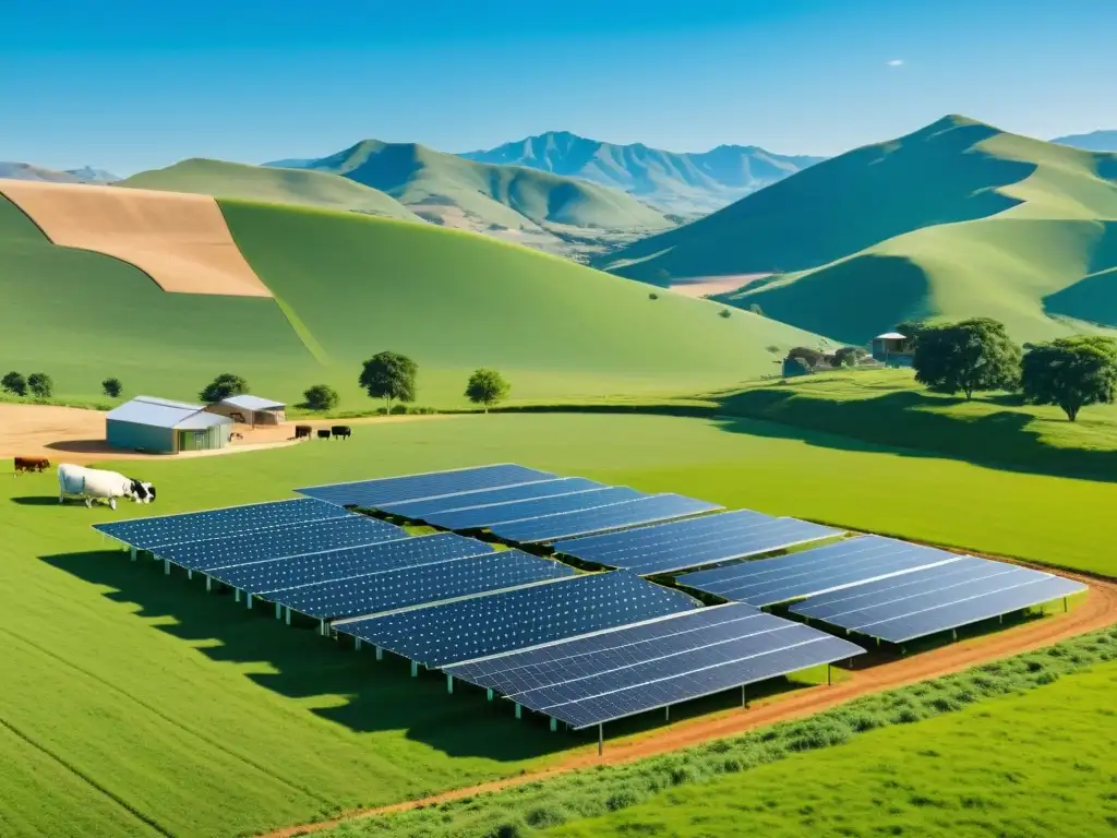 Imagen de una finca ganadera sostenible con tecnología avanzada y pastos verdes