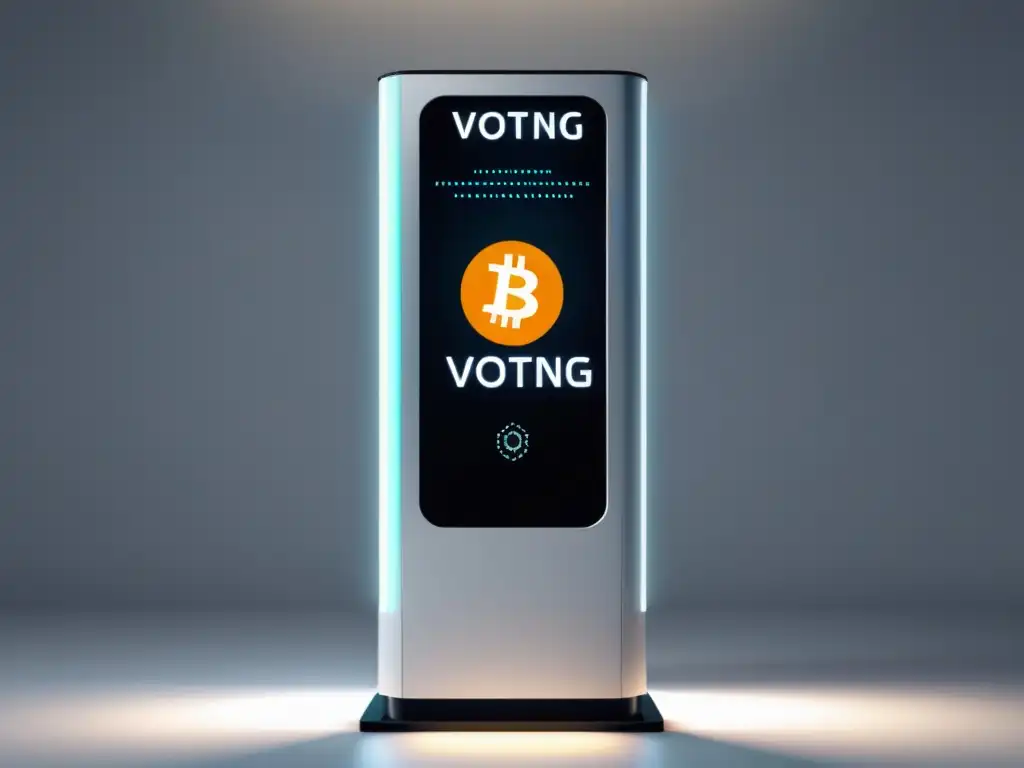 Imagen futurista de cabina de votación electrónica con criptomonedas, simbolizando las ventajas de la votación electrónica con criptomonedas