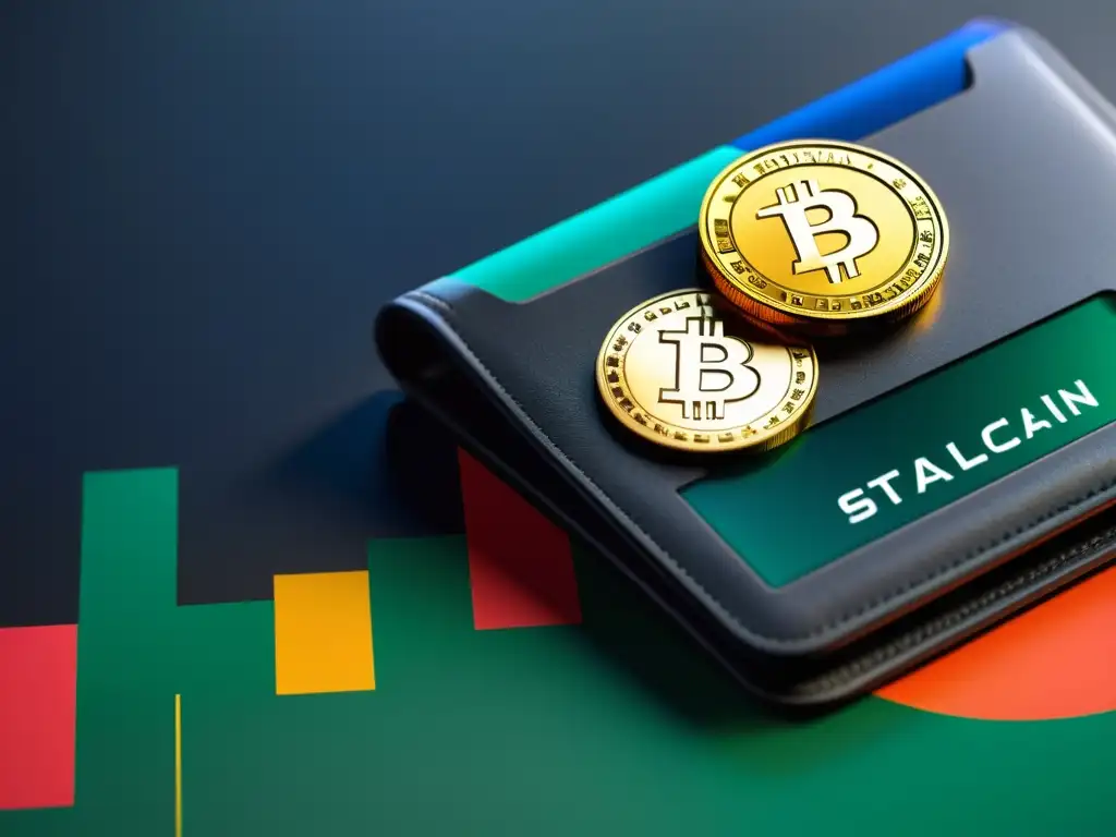 Una imagen futurista de una cartera digital con stablecoins de colores, simbolizando la importancia de las stablecoins en criptomonedas