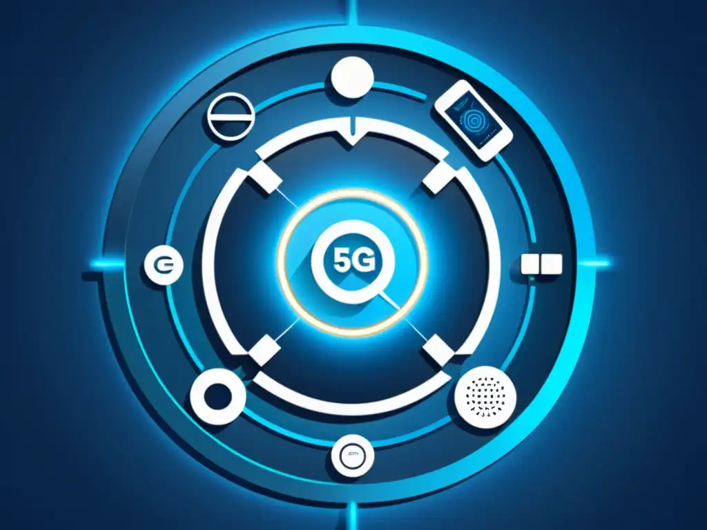 Imagen futurista de dispositivos electrónicos conectados a un hub 5G, con datos y señales en un diseño abstracto y simétrico