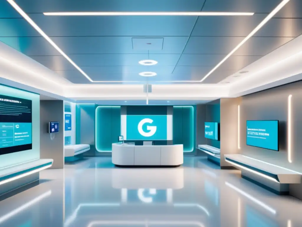 Imagen futurista de un hospital con arquitectura moderna, equipos médicos avanzados y conectividad 5G