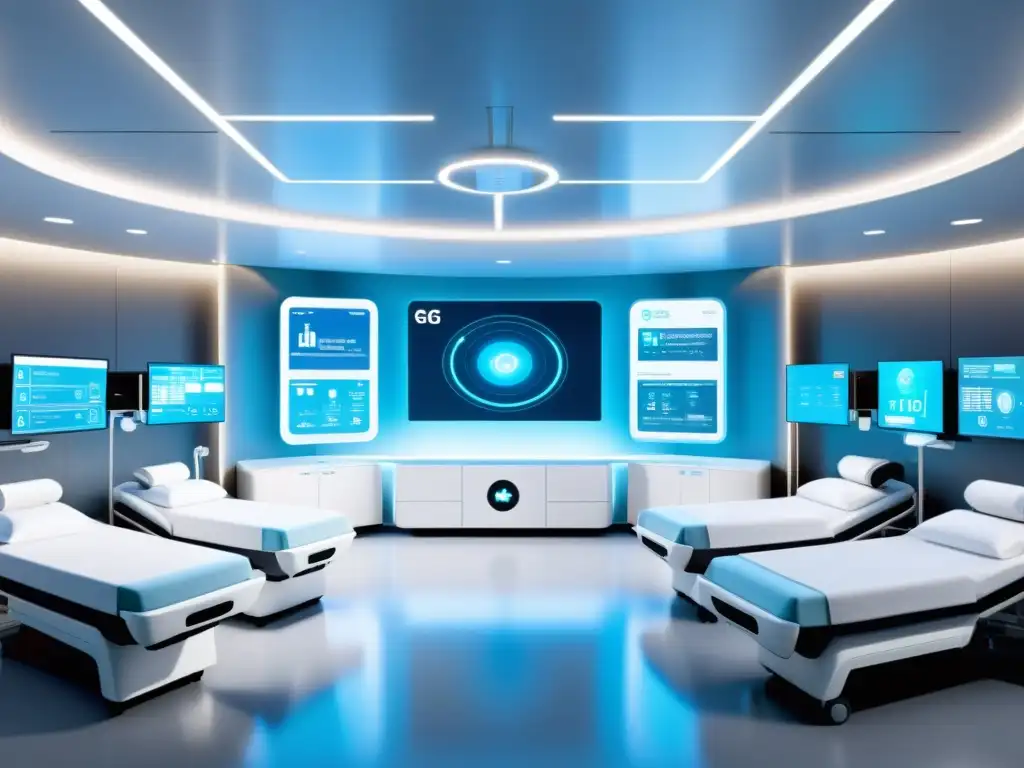 Imagen futurista de un hospital con equipamiento médico avanzado conectado a través de la tecnología 5G, resaltando los beneficios de la interoperabilidad en salud