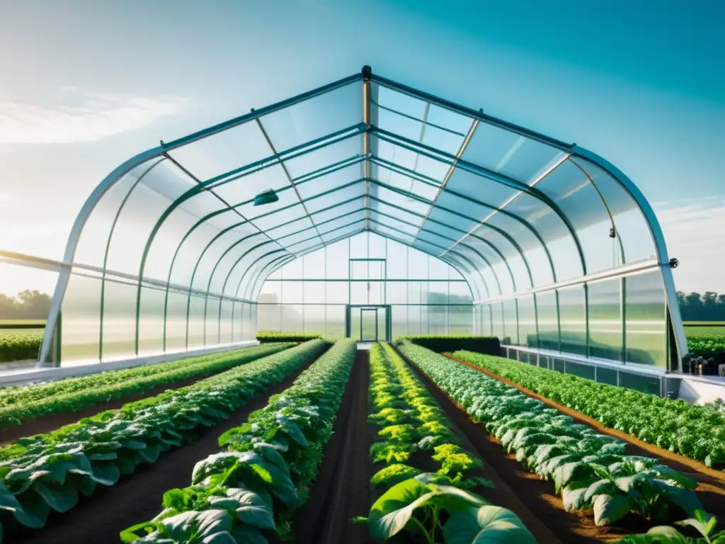 Una imagen futurista de un invernadero con tecnología avanzada y campo verde exuberante