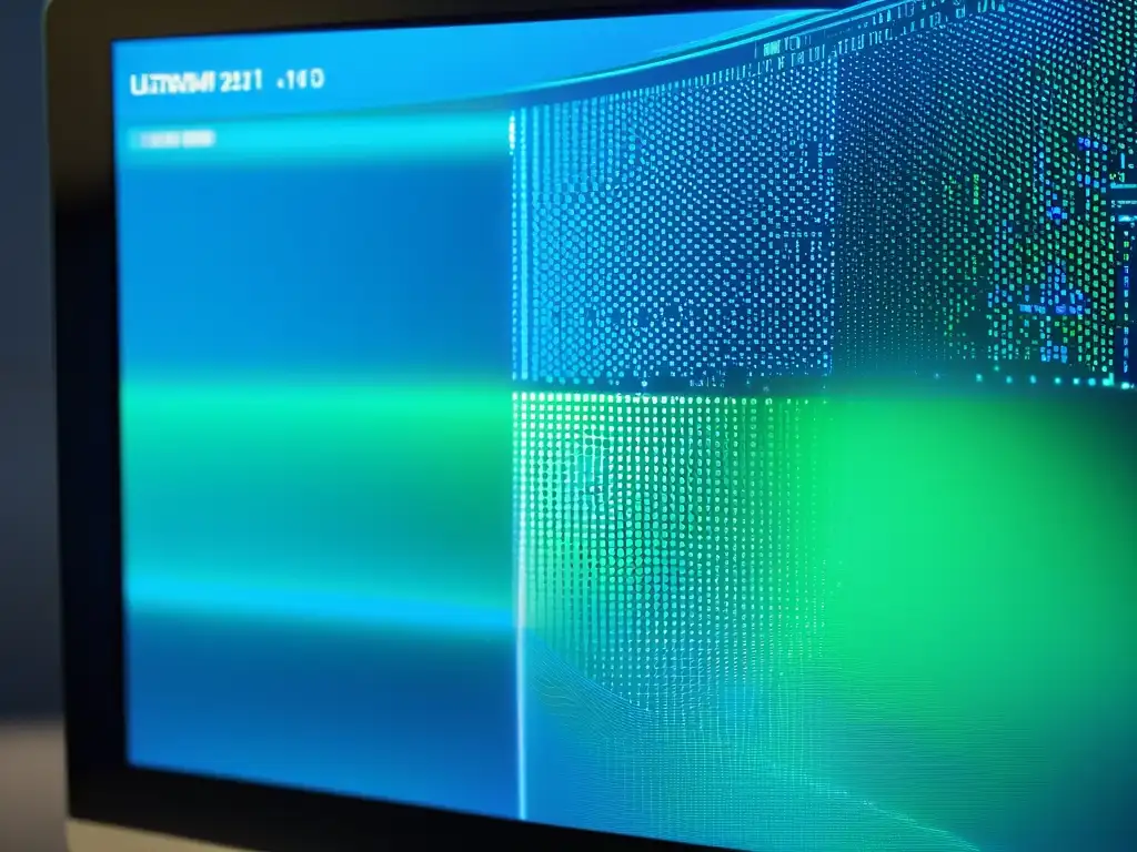 Una imagen futurista de pantalla con código en tonos azules y verdes, con elementos de defensa digital