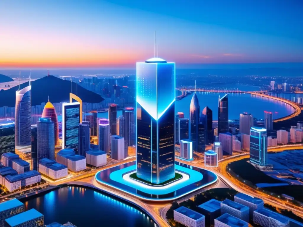 Torre 5G futurista en la ciudad al atardecer Imagen futurista de una torre 5G rodeada de tecnología avanzada y datos, con una ciudad moderna al atardecer