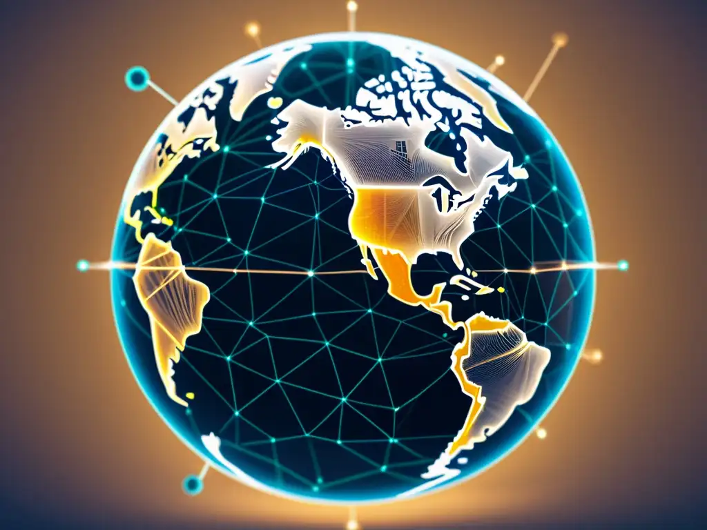 Imagen 8k de un globo terráqueo transparente con líneas de red, simbolizando la conexión de blockchain en remesas internacionales