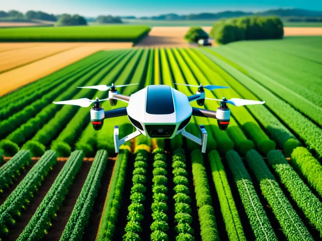 Imagen de una granja futurista con tecnologías de IA en agricultura inteligente, drones y tractores automatizados en campos vibrantes y exuberantes