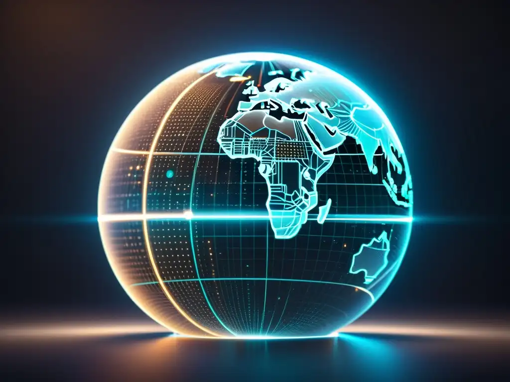 Imagen holográfica futurista de un globo terráqueo transparente, con visualizaciones de datos detalladas y tecnología avanzada, en un fondo estrellado