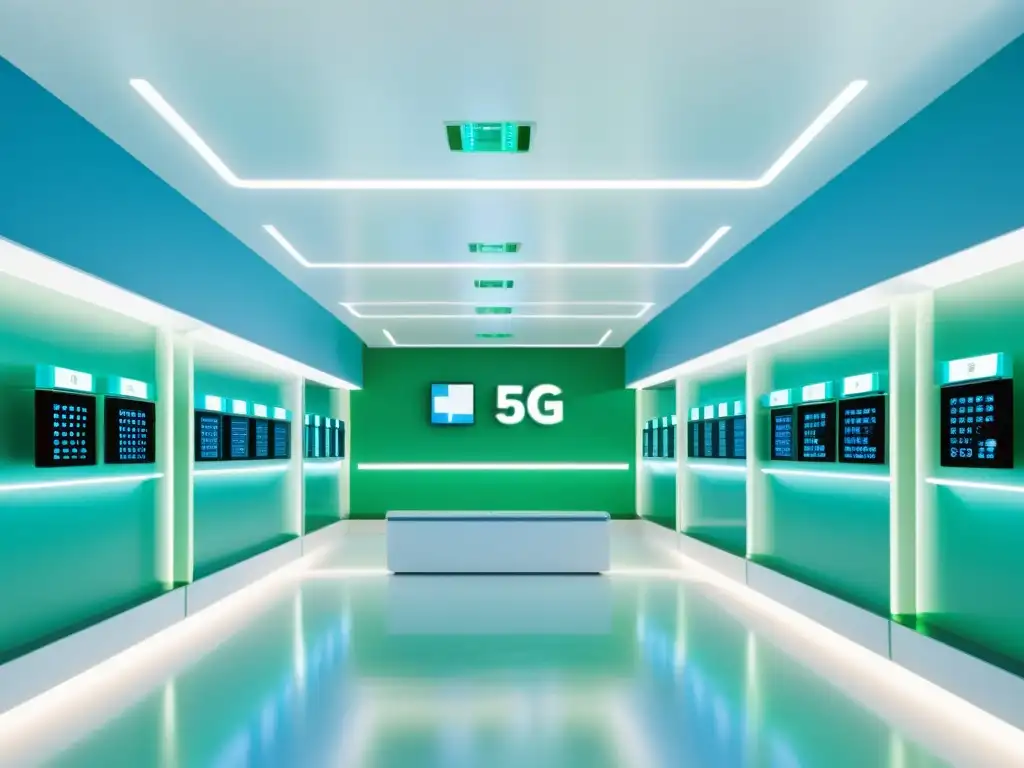 Imagen de hospital futurista con torres 5G, transmitiendo registros electrónicos de salud en un entorno moderno y tecnológico