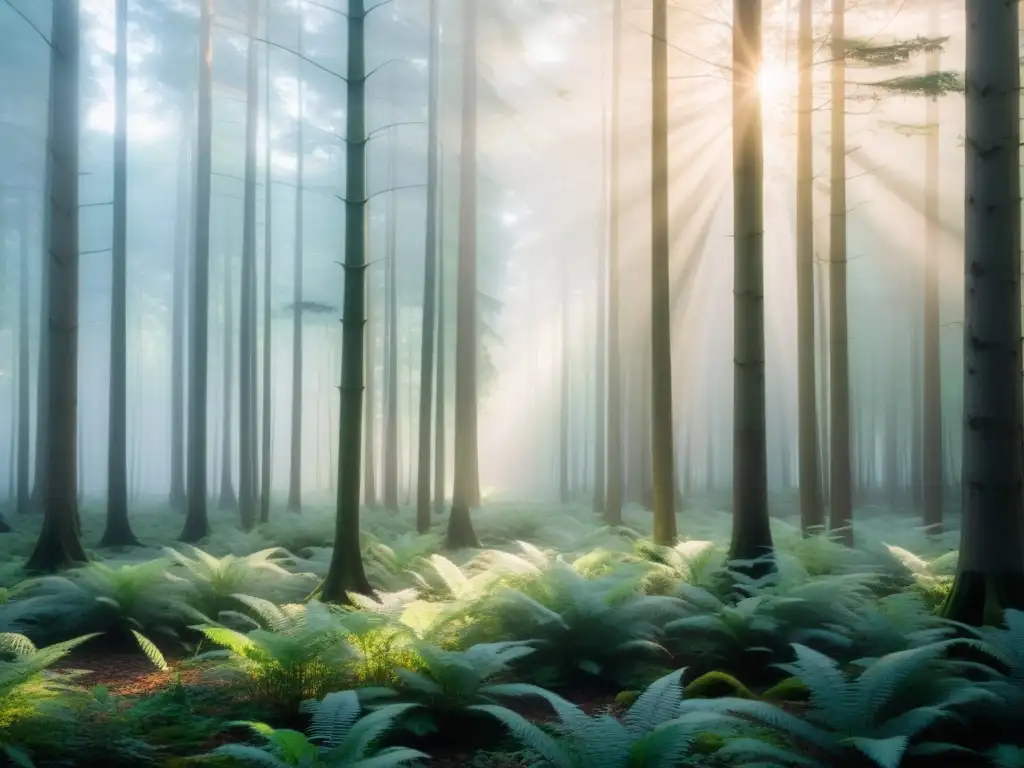 Imagen impactante de un bosque cubierto de niebla al amanecer, con rayos de sol filtrándose entre los árboles