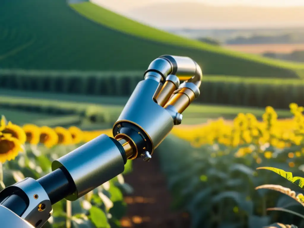 Una imagen impactante de un brazo robótico avanzado explorando un campo agrícola, fusionando tecnología y naturaleza