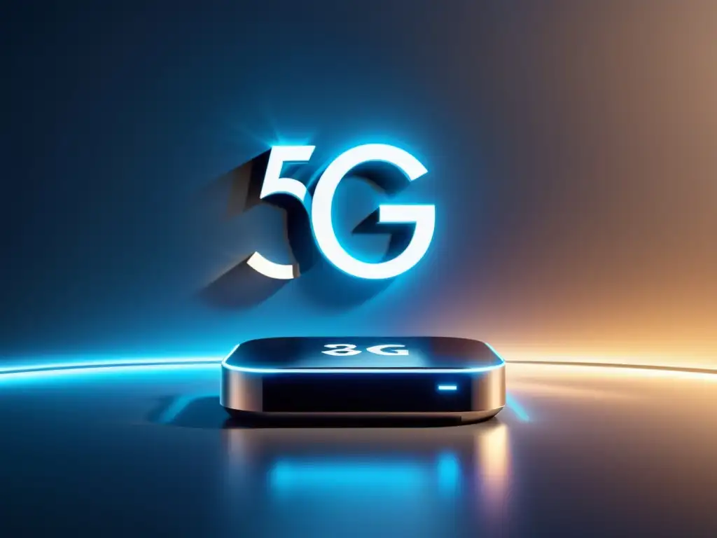 Imagen impactante: dispositivo de streaming 5G ultrafuturista transmitiendo contenido de alta resolución a múltiples dispositivos simultáneamente