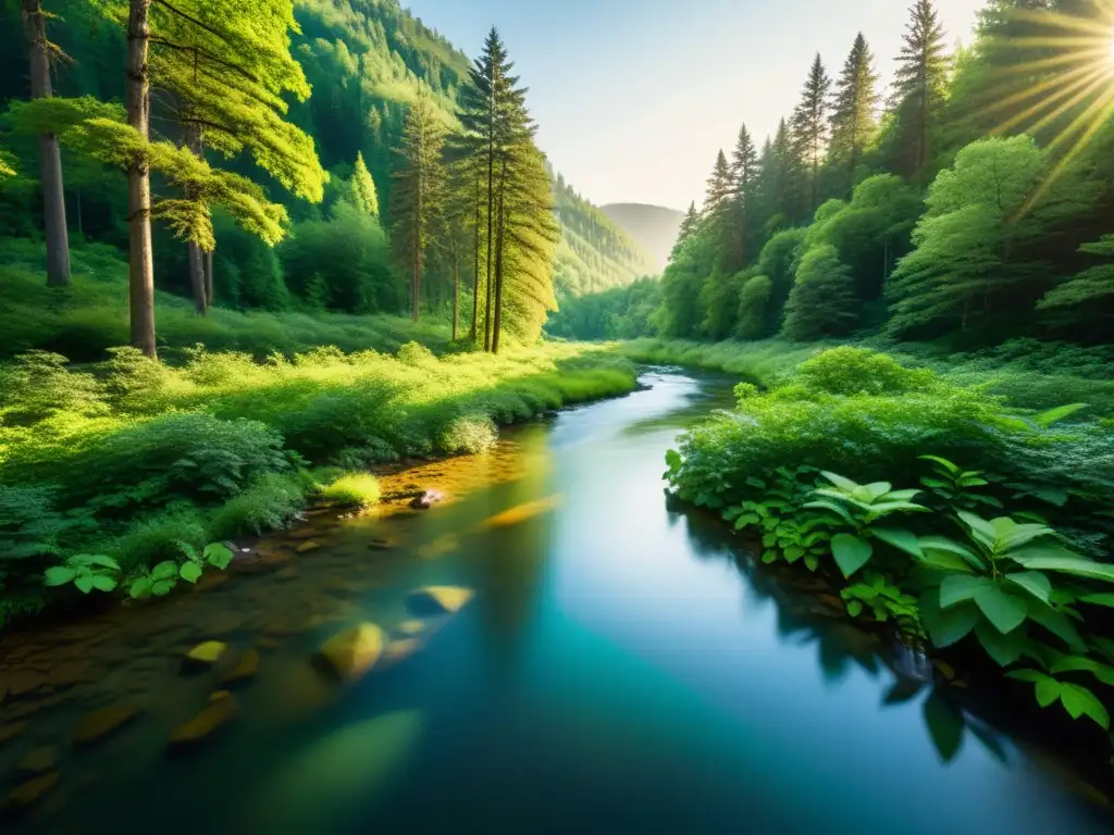 Imagen impactante de un exuberante bosque verde con un río sereno