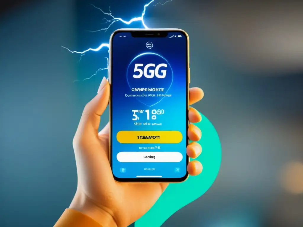 Imagen impactante del 5G en el ecommerce: smartphone moderno con experiencia de compra futurista y rápida