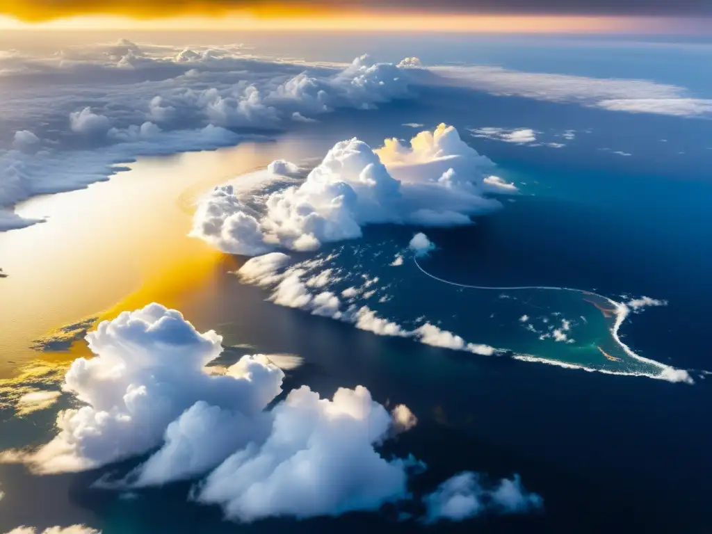 Imagen impactante de nubes giratorias sobre el océano, iluminadas por un cálido resplandor dorado