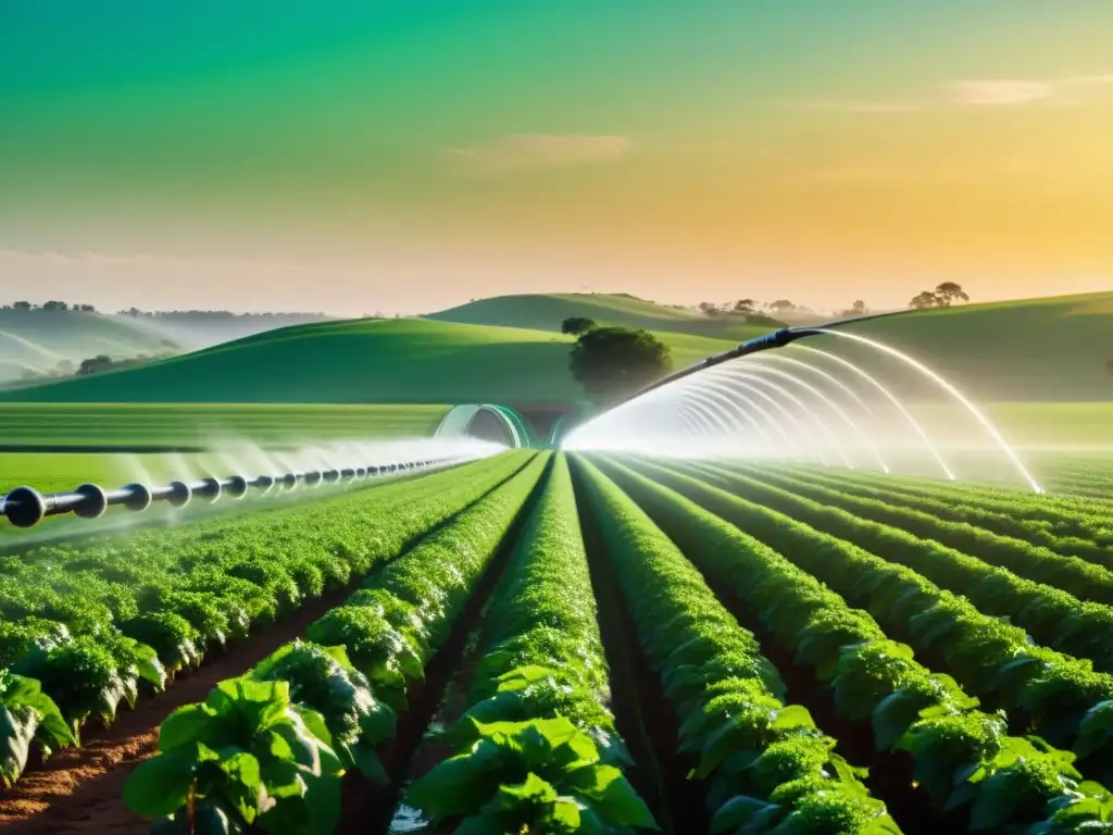 Imagen impactante de sistema de riego futurista con Big Data optimizando recursos hídricos en granja verde