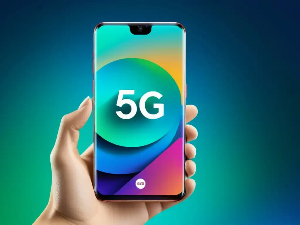 Imagen impactante de smartphone futurista mostrando video en ultra HD con colores vibrantes, reflejando el impacto del 5G en el video bajo demanda