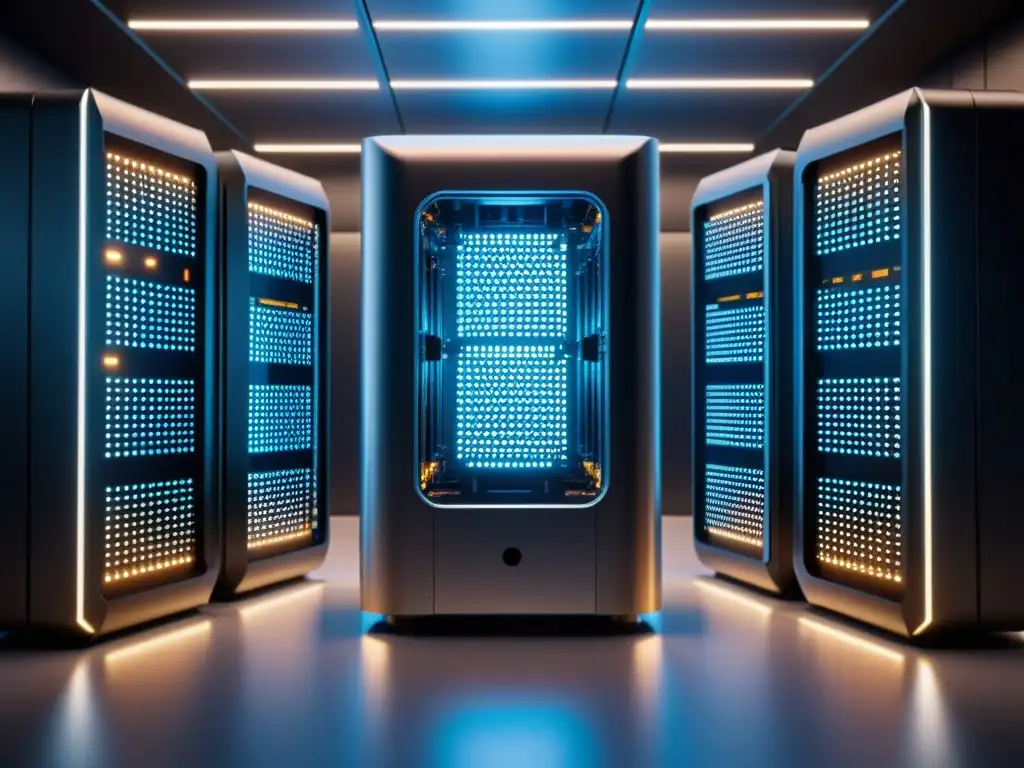 Una imagen impactante de un supercomputador futurista con algoritmos de aprendizaje supervisado en un entorno de alta tecnología