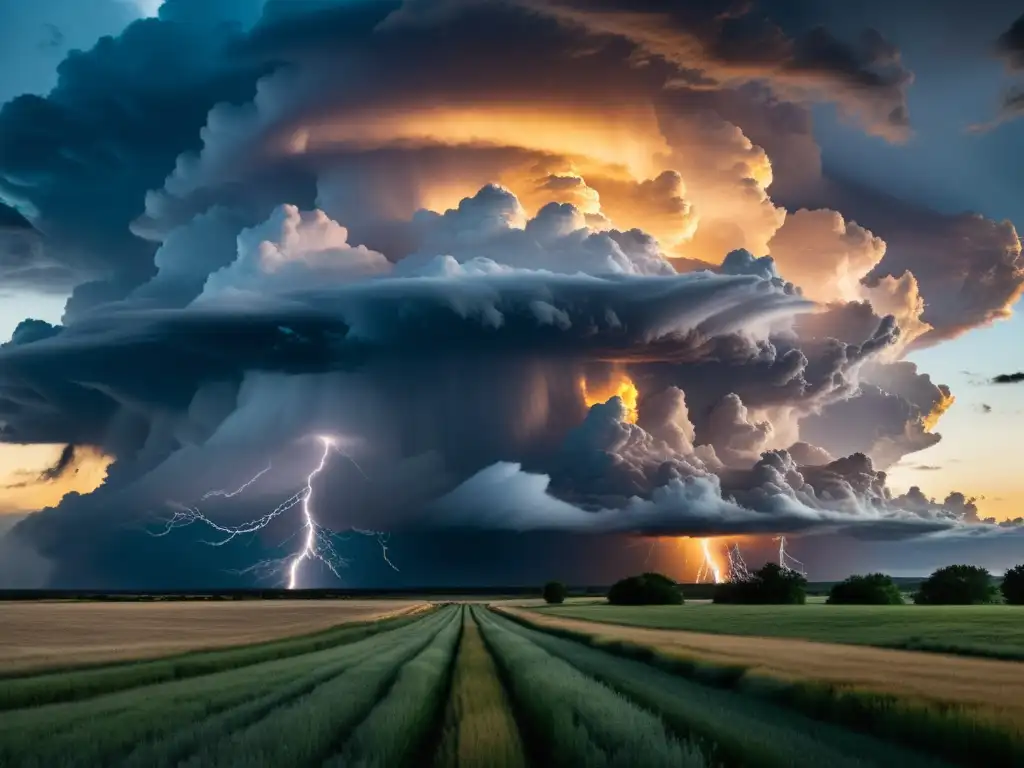 Tormenta poderosa sobre paisaje abierto al atardecer Imagen impactante de tormenta formándose sobre un paisaje extenso al atardecer