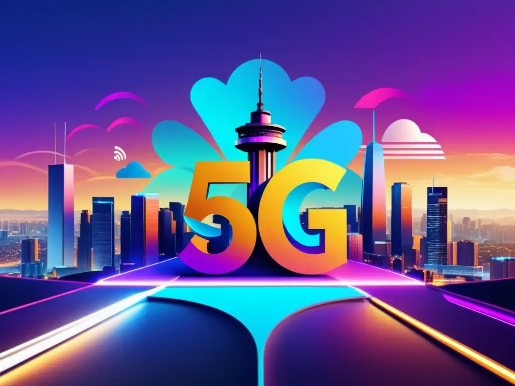 Imagen impactante de torre 5G en ciudad futurista, conectando dispositivos con alta velocidad
