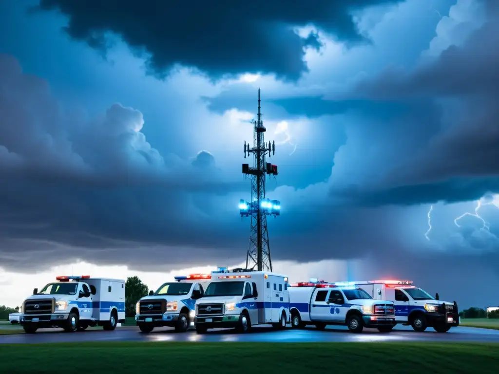 Imagen impactante de una torre de 5G rodeada de vehículos de emergencia bajo un cielo tormentoso