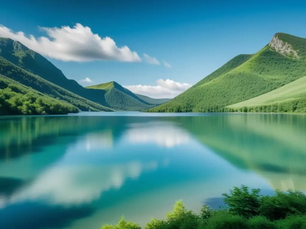 Imagen de un lago sereno entre montañas verdes, reflejando el paisaje con claridad