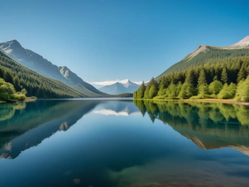 Imagen de un lago tranquilo reflejando un cielo azul, rodeado de naturaleza serena