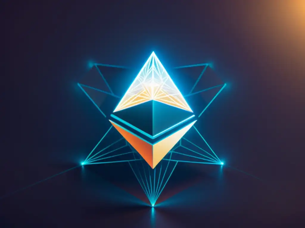 Imagen 8k de un logo brillante de Ethereum en un espacio digital, rodeado de líneas y nodos de contratos inteligentes