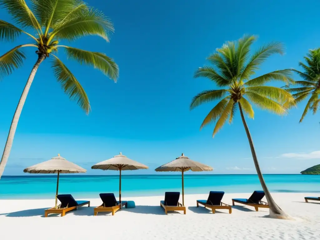 Imagen de un lujoso resort playero con aguas turquesas, arena blanca y palmeras