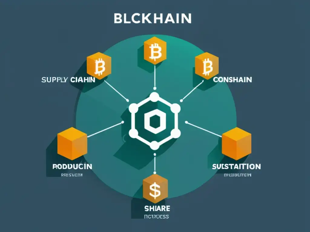 Imagen minimalista de una red blockchain transparente superpuesta en un proceso de cadena de suministro