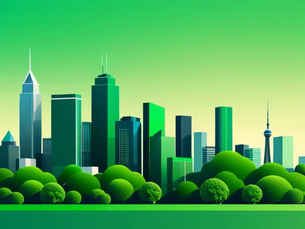 Imagen minimalista de skyline urbano con superposición verde, simbolizando el impacto ambiental de la tecnología 5G en áreas urbanas