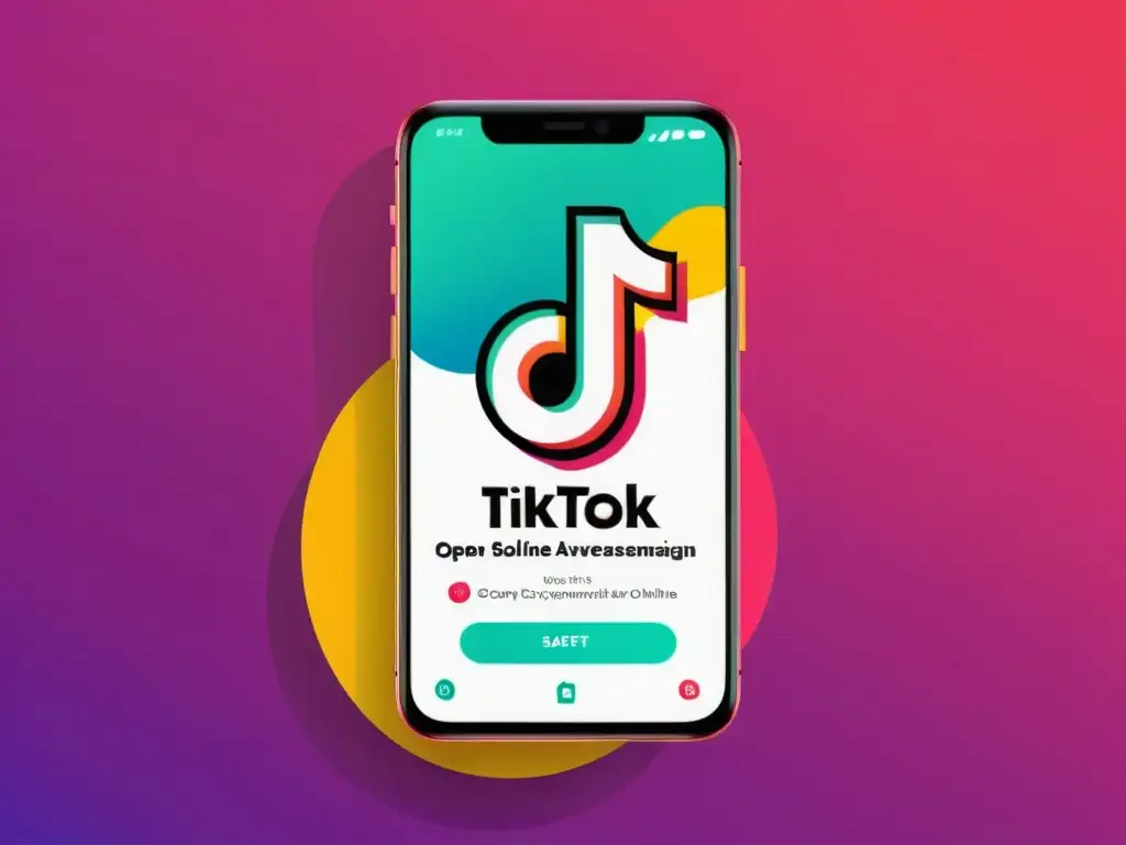 Imagen minimalista de un smartphone con la app de TikTok abierta, mostrando una campaña de concienciación sobre ciberseguridad para adolescentes