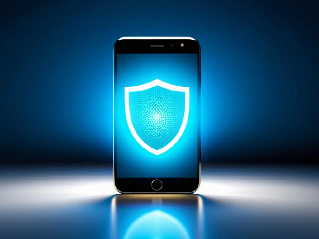 Imagen minimalista de un smartphone protegido por un escudo futurista translúcido, simbolizando protección contra malware móvil