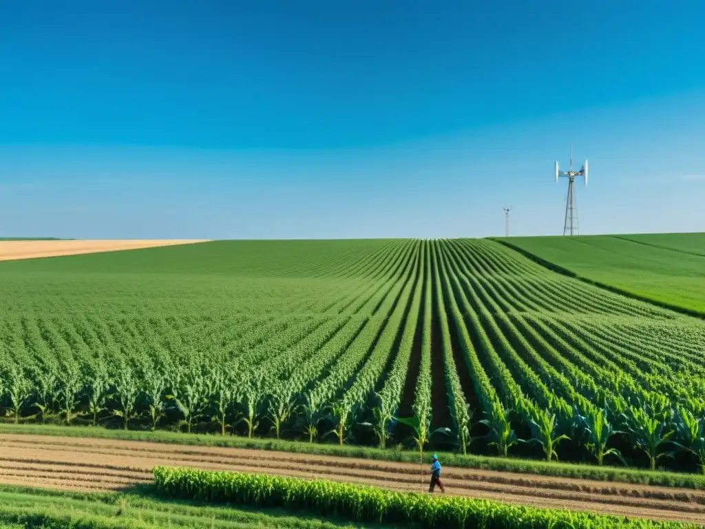 5G Revoluciona la Agricultura Rural Imagen de paisaje rural con agricultor trabajando en maizal, junto a antena 5G, simbolizando implementación 5G agricultura rural