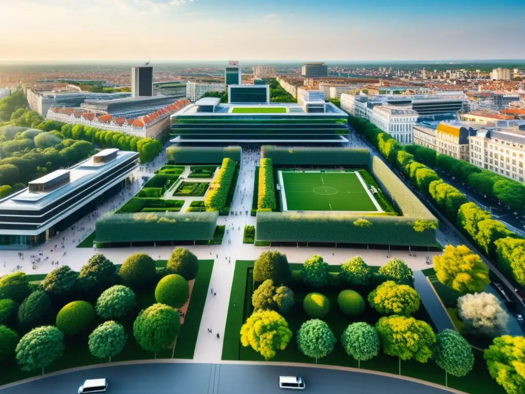 Una imagen panorámica de una bulliciosa plaza de la ciudad, con arquitectura moderna y vegetación contrastante