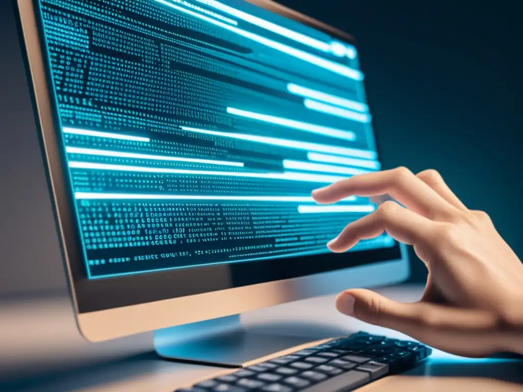Una imagen de una pantalla de computadora mostrando código complejo, con una mano humana sobre el teclado, simbolizando la ética en programación de IA