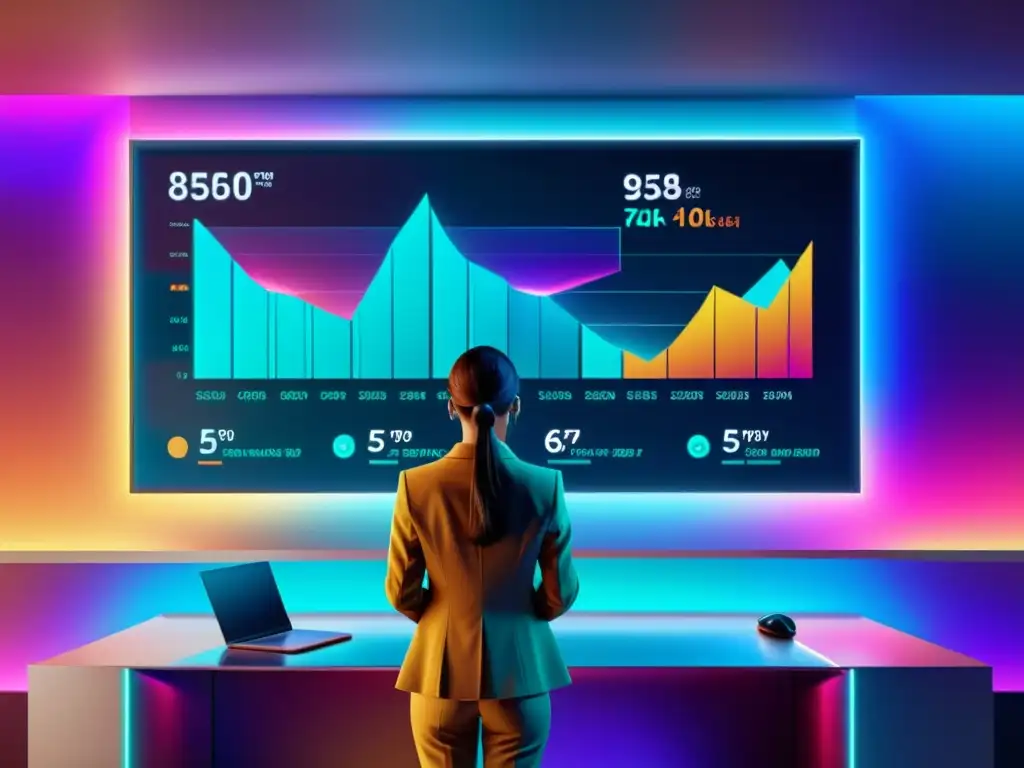 Imagen 8K de pantalla digital con gráficos de precios dinámicos y diseño futurista, en un entorno de trabajo moderno