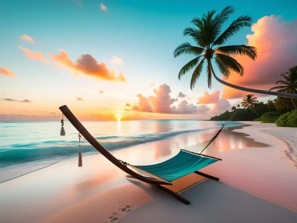 Imagen de una playa tropical serena al atardecer, con palmeras recortadas contra el cielo naranja y rosado