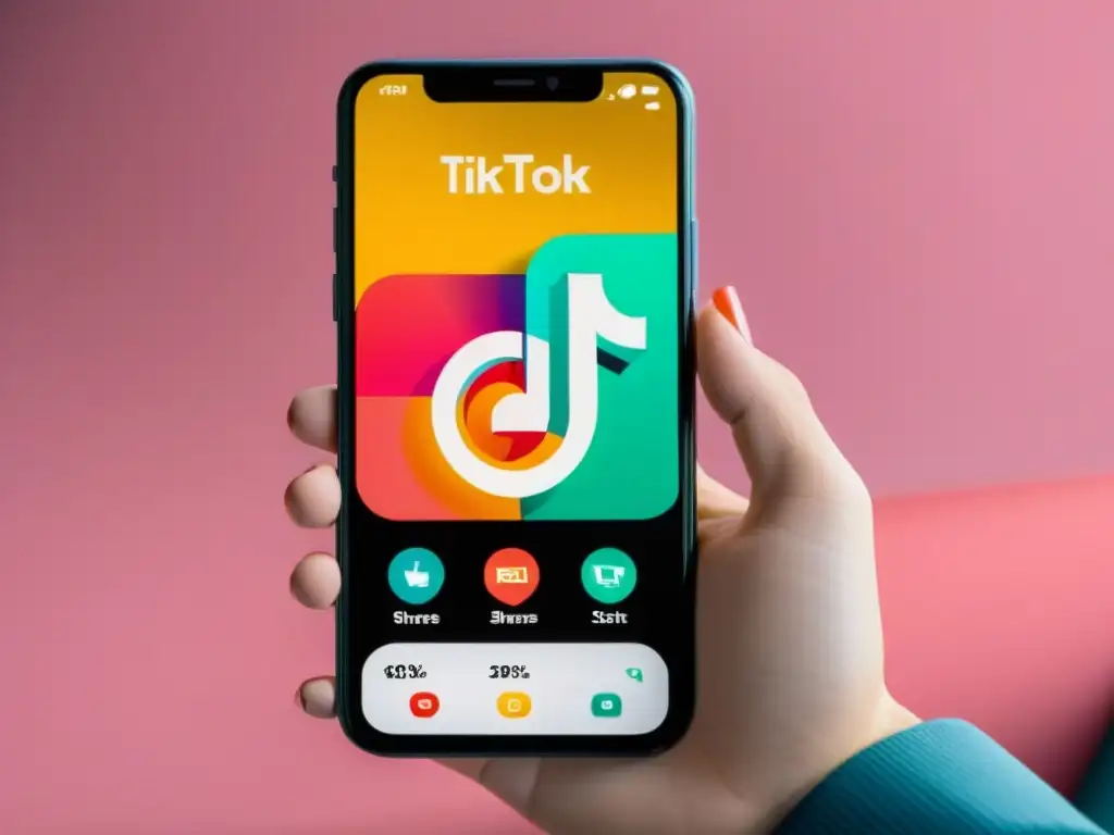 Imagen profesional de smartphone con app TikTok mostrando métricas de engagement y estadísticas de ingresos